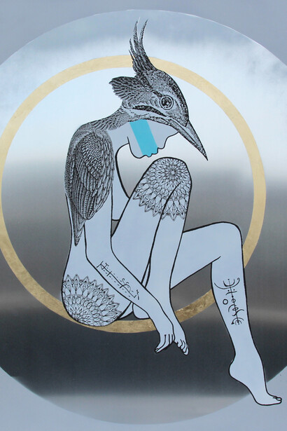 Rugman, Lost In Thought, Spray paint, ink, acrylic and gold leaf on aluminium, 100x100cm