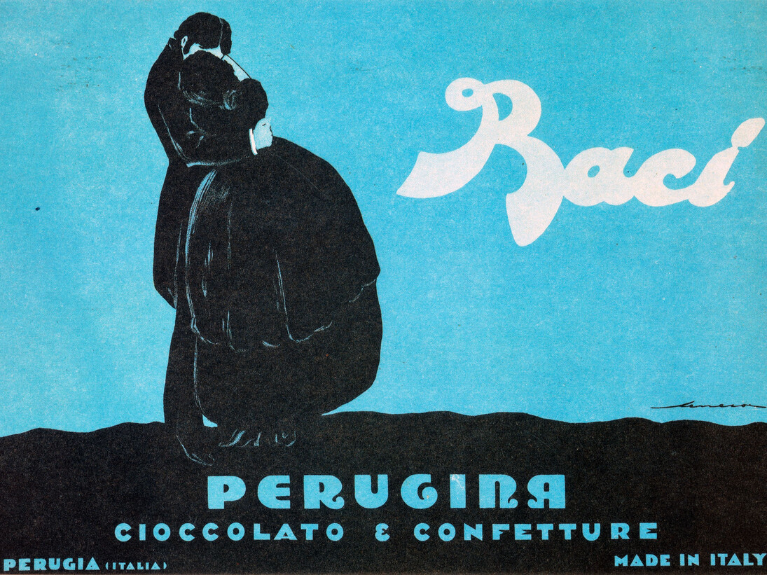 Federico Seneca, manifesto pubblicitario, “Baci Perugina”, 1922, carta/cromolitografia, 100 x 140 cm Museo nazionale Collezione Salce, Treviso. Courtesy of M.A.X. museo
