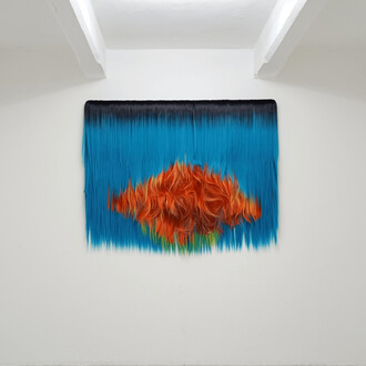 Untitled (Fire & Water), 2023, synthetic hair on canvas and wooden bar, 125x152x8 cm, 49¼x59¾x3¼ inches, unique. Courtesy the artist and The Flat                           
