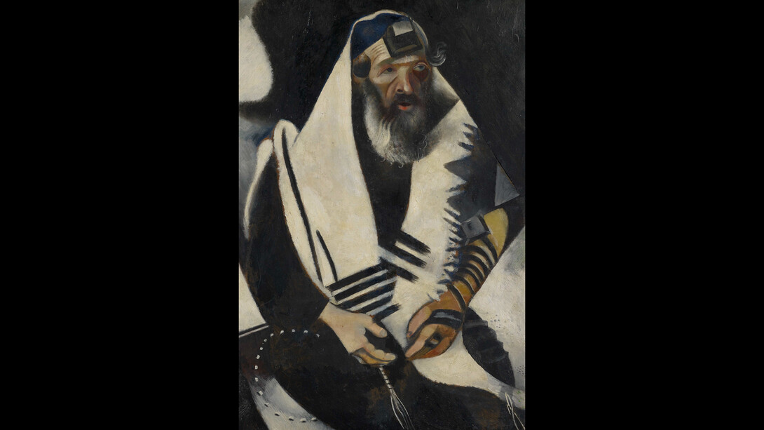 Le juif en noir et blanc, 1914, Huile sur carton marouflé sur toile, 101 x 80 cm, Fondation Im Obersteg
Dépôt permanent au Kunstmuseum Basel 2004, Inv. Im 1084 © Marc Chagall, Vegap, Bilbao 2018