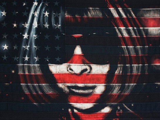 Pam Glew, Anna, bleaching technique and dye on vintage American flag, framed, original artwork, 54 x 32 inches