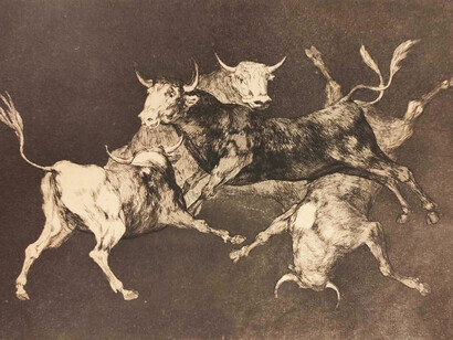 Francisco Goya, Little bulls’ folly (Rain of bulls), The follies (Los disparates) series (detail), ca. 1824. Courtesy of National Gallery