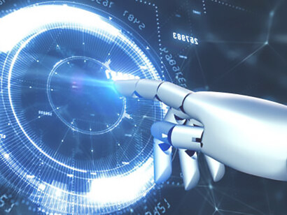 Close-up of a robot finger gesture representing the presence of AI technology