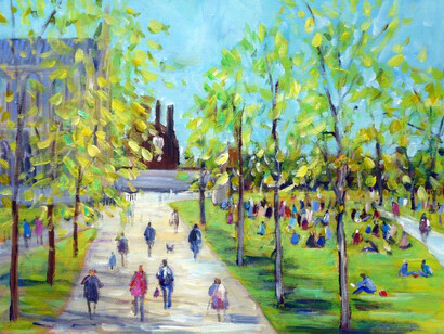 Josephine Chisholm, Springtime Sitting out in The Close, Winchester, acrylic on canvas, 30 x 40 cm