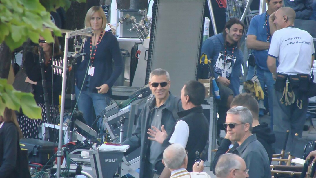 George Clooney and Tiziano Buccarello during the filming of “The American,” shot in Sulmona, Abruzzo, Italy
