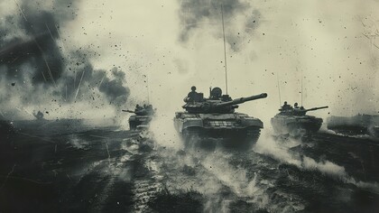 Three tanks moving across a barren landscape, suggesting a scene of conflict or military action