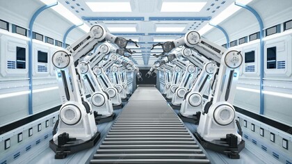 An assembly line of robotic units manufacturing products