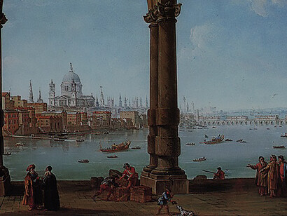 Prospect of London from a collonade with a distant view of St. Paul's and Old London Bridge, 1700s