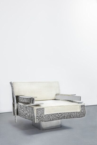 Vincent Dubourg, Gaia Imprint Armchair, 2013, polished aluminium, upholstery, h83 l100 w124 cm / h32.7 l39.4 w48.8 in, limited edition of 8 + 4 ap, Courtesy Carpenters Workshop Gallery