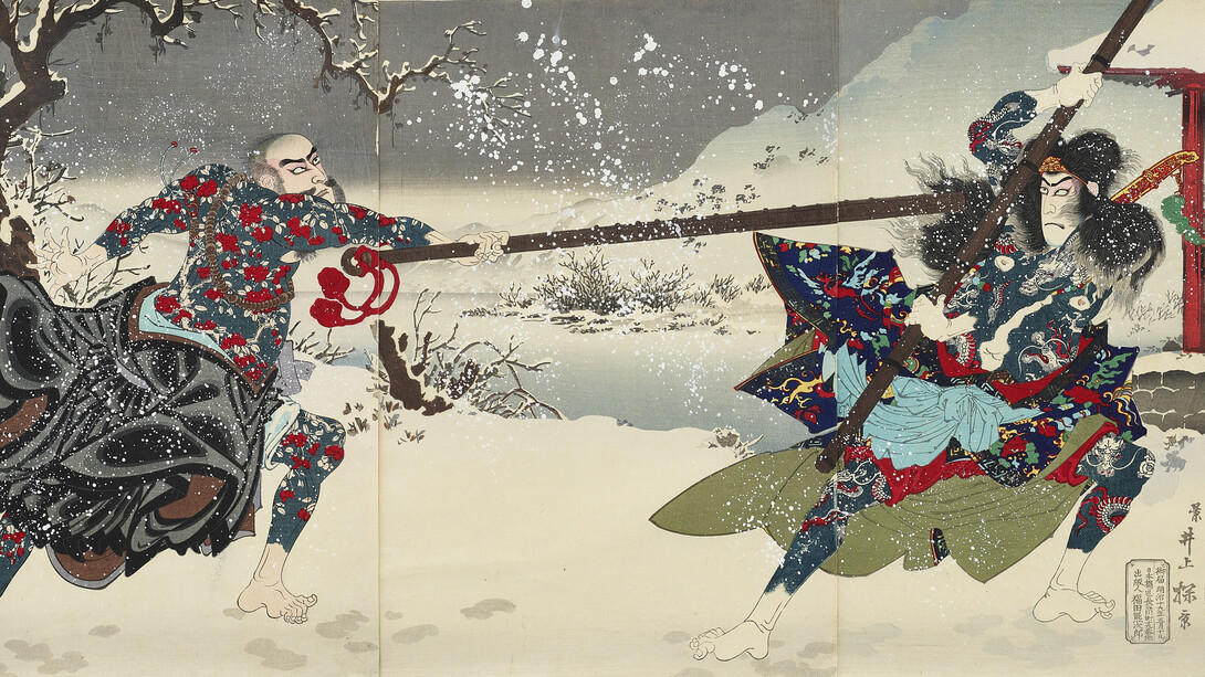 Toyohara Kunichika, Ichikawa Danjūrō IX as Kyūmonryū and Ichikawa Sadanji I as the flower priest Rochishin in the kabuki play 'Suikoden', Japan, 1886. Courtesy of Museum Rietberg