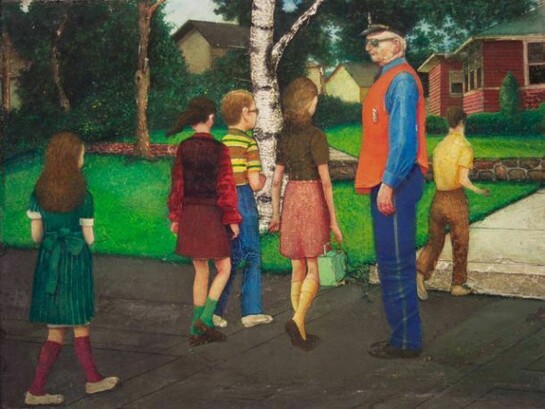 Gregory Gillespie, Back to School, 1971, oil and magna on wood, 11 1/2 x 14 3/4 inches
