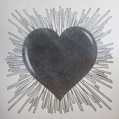 Rubem Robierb, Black Heart on Silver, 54”x54”, Hand Painting/Silkscreen/Diamond Dust on Canvas
