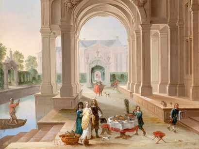 Dirck Van Delen, Heusden 1605 - 1671 Arnemuiden
Dutch School, A Palace Courtyard with Elegant Figures gathering round a Banquet laid out on a Table, Oil on Panel, 20 3/16 x 17 15/16 inches (51.8 x 45.4 cms)
