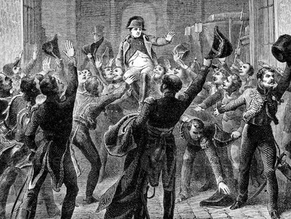 A vintage engraving depicting the abdication of Napoleon, capturing the solemn moment of his resignation from the throne amid political turmoil