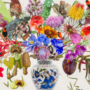 Jane Hammond, Persian vase with cup and saucer vine, clematis Rebecca and northern red bishop medium. Courtesy of Berggruen Gallery 
