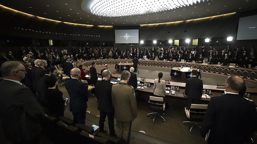 NATO leadership observes a moment of silence at NATO Headquarters in Brussels, Belgium, on February 14, 2023