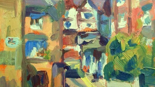 Tim Benson, View towards the Gate House pub, Highgate, oil on board, 8.5 x 10 inches