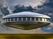 A hypothetical image of a giant UFO flying over a lush green field