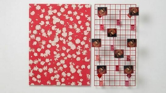 Alex Da Corte, Velvetteen (Wilson Kelvin McQuade), 2013, Kyle Thurman's Untitled (501 Hudson Street, New York, NY 10014), metal gridwall, Janet Jackson's The Velvet Rope cds, enamel paint, display brackets, 120 x 163 x 30 cm, courtesy the artist and Joe Sheftel Gallery, New York