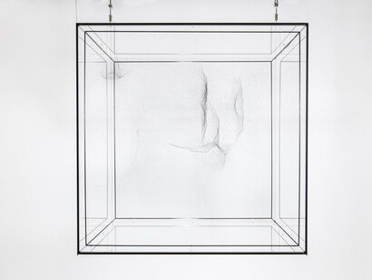 Tomás Saraceno. Hybrid Dark solitary semi-social Cluster FK5 273 built by: a solo Nephila fenestrata - one week, a quartet Cyrtophora citricola - one week, rotated 180°, 2017. Spidersilk, carbon fiber, ink, steel, plexiglass
37 3/4 x 37 3/4 x 37 3/4 inches; 96 x 96 x 96 cm. Courtesy the artist and Tanya Bonakdar Gallery, New York