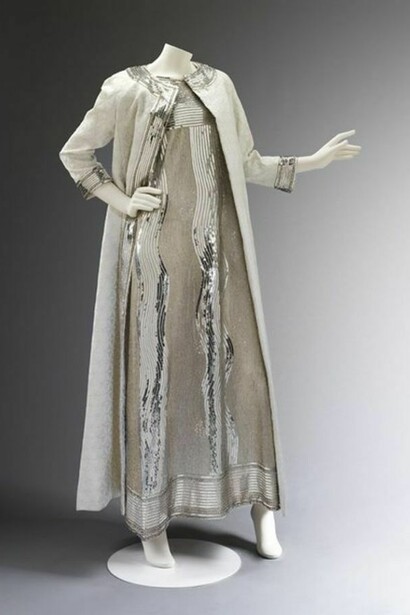 Evening dress of embroidered net and matelasse coat, 1966, Mila Schön, Courtesy Maison Mila Schön, Photo © Victoria and Albert Museum, London
