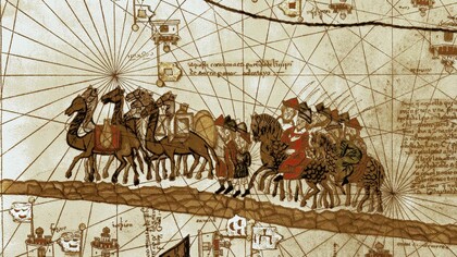 The caravan of Marco Polo, from Atlas Catalan, by Abraham Cresques, 14th century