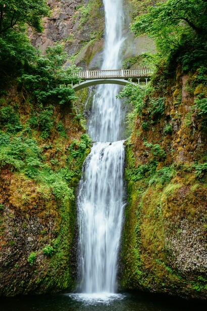 Un puente frente a una cascada en medio de la naturaleza