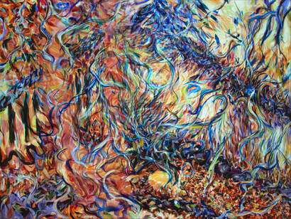 Naomie Kremer, Perambula, 2020-22, oil on linen with video projection, 55x77 inches. Courtesy of the artist and Modernism Inc. Gallery