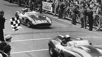Piero Taruffi  driving a Ferrari 315S wins the XXIV edition of Mille Miglia (1957) in front of his team mates Wolfgang Von Trips and Olivier Gendebien.