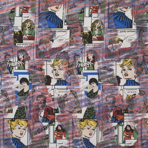 Claude Viallat, Sans titre n°041, 2014, Acrylique sur tissu imprimé BD, 140 x 192 cm, Courtesy Galerie Daniel Templon, Paris & Brussels. Crédit photo : B. Huet/Tutti