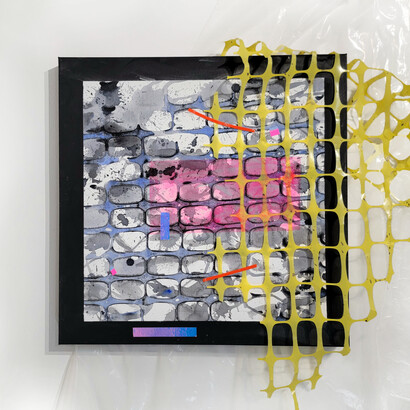 Chukwuemeka Anthony Chukwu, Fence-field, 2023, acrylic, tapes safety net on canvas, 24x24 inches. Courtesy of the artist and VillageOneArt