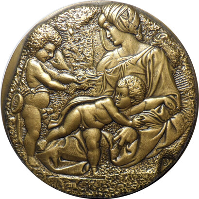 Piero Monassi, “The Genius of Michelangelo”, Anno di emissione: 1976, Fonderia d’Arte: Beltrame, Udine, Bronzo fuso dorato, mm. 140, Medagliere Ambrosiano, Fondo Monassi