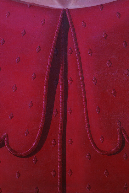 Domenico Gnoli (Roma 1933-New York 1970) Red Dress. Collar, 1969, acrilico e sabbia su tela, cm 150 x 170. Roma, Collezione privata. Domenico Gnoli, by SIAE 2018