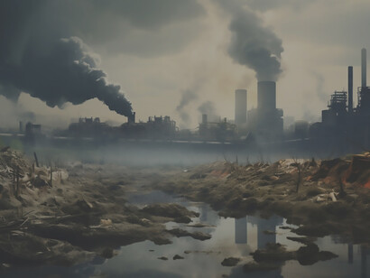 The production facility releases CO2 pollution, embodying environmental challenges and exacerbating the impacts of climate change