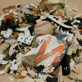 Kenny Rivero, Juguetes, 2016, Dominoes, cigarette butts, dust, and debris, Dimensions variable. Courtesy the artist, Photo: Natalie Conn