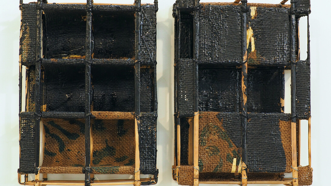 Sopheap Pich, Double Relief (black). Bamboo, rattan, wire, bees wax, damar resin, charcoal. Each 8.5 x 40.5 x 11cm, 2015. Courtesy of the artist and Tyler Rollins Fine Art