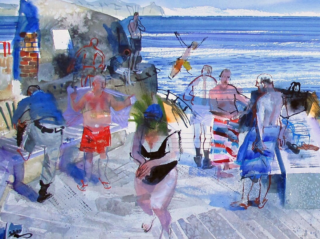 John Short, Bathers, Forty Foot, Sandycove, County Dublin, watercolour and ink, 52 x 154cm. Courtesy of Solomon Fine Art