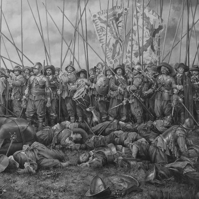 The image depicts the Battle of Rocroi in 1643, a decisive defeat for the renowned Spanish tercios infantry, marking a pivotal moment in the decline of Spain's military dominance in Europe