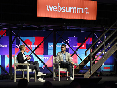 Jonathan Ludwig, co-founder and CEO of Fantium (left), and José Morgado, journalist and tennis commentator for Record Portugal, speak on the SportsTrade Stage during day one of Web Summit