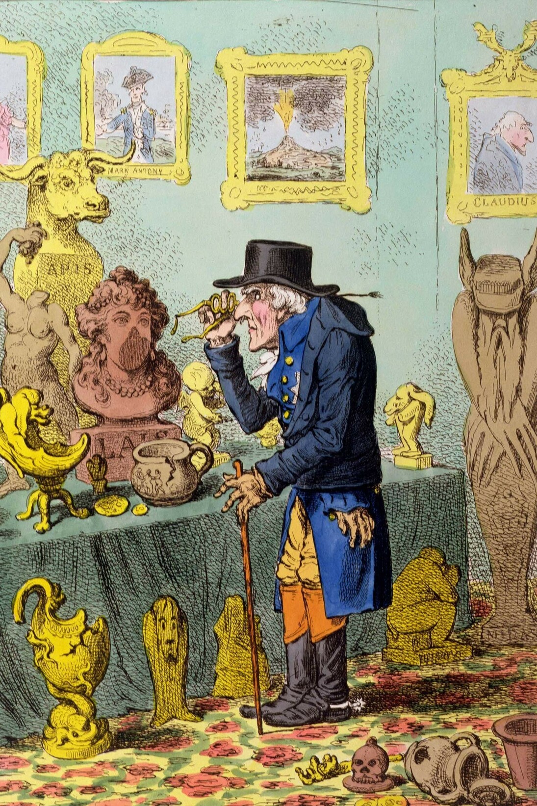 James Gillray (1757‒1815), A Cognocenti comtemplating ye Beauties of ye Antique, 1801, Hand-coloured etching, 36 x 35.2 cm © Courtesy of the Warden and Scholars of New College, Oxford / Bridgeman Images