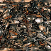 Arman, Artériosclérose, 1961, Accumulation of forks and spoons in box, 47.5 x 72.5 x 7.5 cm