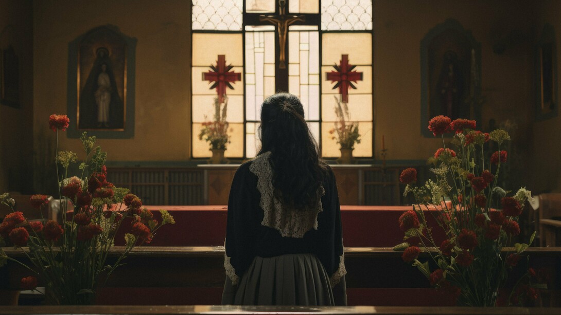 A lone figure facing the altar in silent prayer, reflecting the hope of renewal after spiritual decline