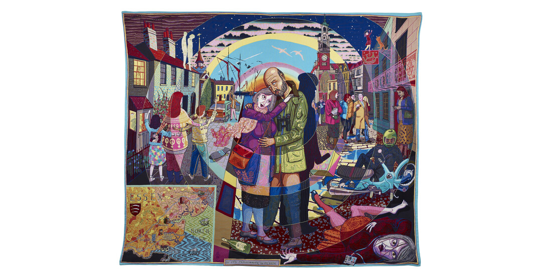 Grayson PerryIn its Familiarity Golden, 2015 Tapestry 290 x 343 cm 114 1/8 x 135 1/8 in Published by Paragon© Grayson Perry Courtesy the artist, Paragon | Contemporary Editions Ltd and Victoria Miro, London