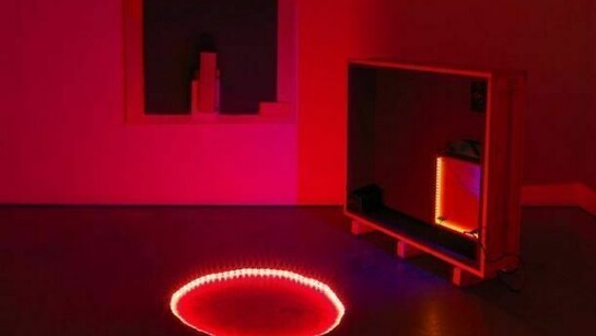 Haroon Mirza, Work for an Art Fair, 2013, Speakers, LED, crate, foam, Wooden drawer/controlling device, electronic components, Courtesy the artist and Lisson Gallery