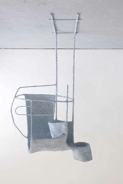 Olivia Bax, Chute, 2019, steel, chicken wire, paper, glue, paint, plaster, screws, 180 x 100 x 112 cm
