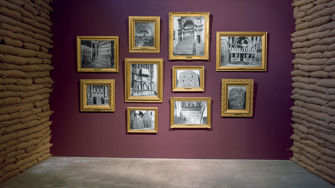 Dominique Blain (born in 1957), Untitled/Protection, 1989, gelatin silver prints on polymeric film mounted on canvas, gilt frames, burlap bags. MMFA, gift of Erik Deslandres. Photo Dominique Blain

