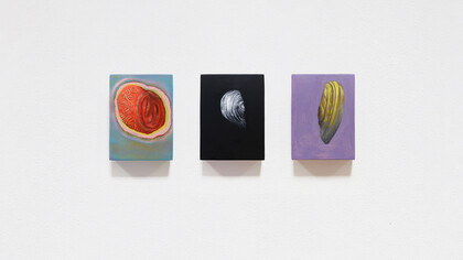 bn+BRINANOVARA, Unpredictable Ecosystem 21 - 24 - 27, 2020, oil paint, sanded enamels, mdf board, wood, transparent varnish,18x13,5x4 cm each,courtesy the artists
