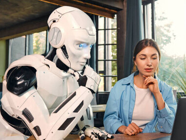 A robot and a woman work together on a laptop in an office setting, reflecting the growing interplay between human and machine