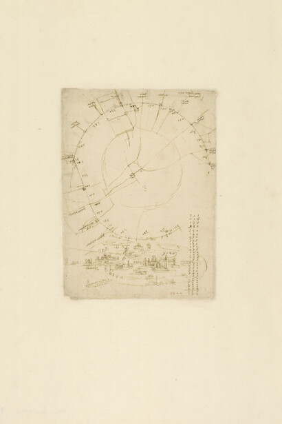 Leonardo da Vinci (1452-1519), Codice Atlantico (Codex Atlanticus), foglio 199 verso. In alto, planimetria della città di Milano con l'indicazione delle sue porte; in basso, veduta a volo di uccello della città di Milano. Copyright Veneranda Biblioteca Ambrosiana/Mondadori Portfolio

