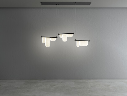 Tuleste Factory at NYCXDesign 2023, Megalith hanging lamp, Optical Monuments by Yonathan Moore Studio. Courtesy Tuleste Factory